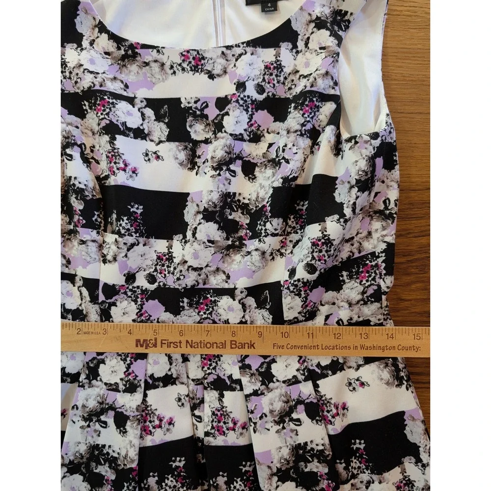 Tahari‎ Arthur S Levine Floral Striped Fit and Flare Dress Purple Black White 4